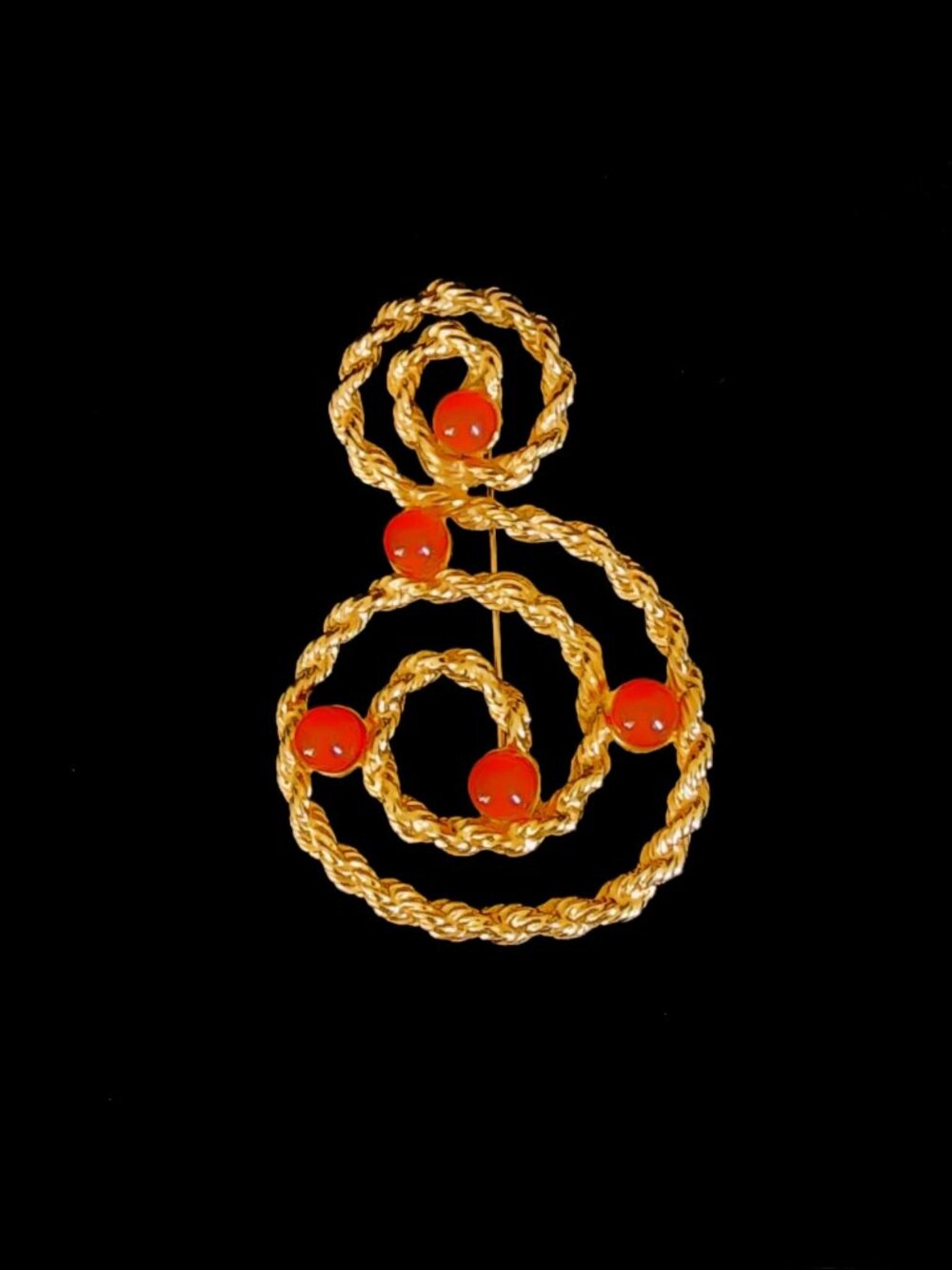 VTG Avon Signed Gold Tone Faux Carnelian Swirl Treble Clef Statement Brooch 90s